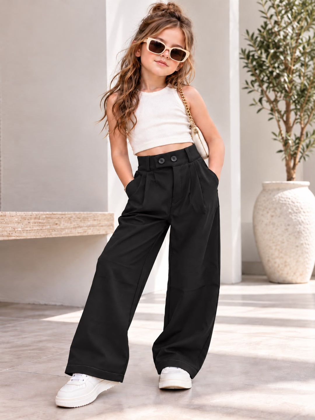 Girls Double Button Black Korean Pant [ONLY PANT] [GJ-4A-3678] (4-12Years)