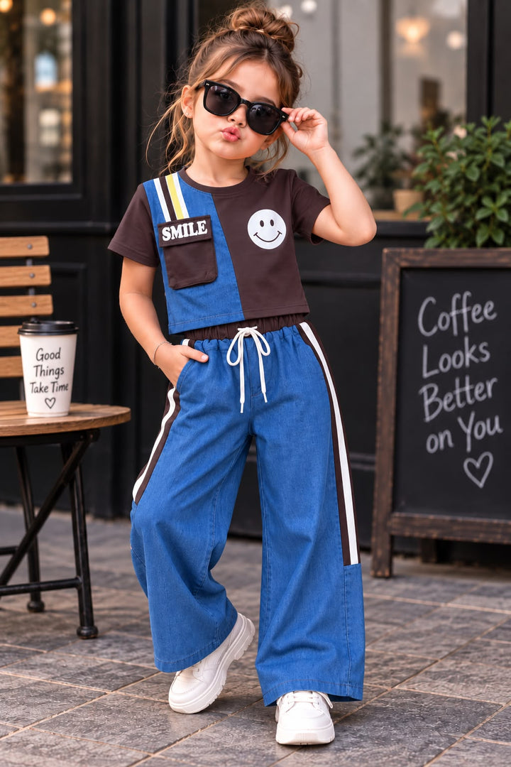 Girls Designer Brown Denim Co-Ord Set [GCS-1F-3288] (4-12Years)