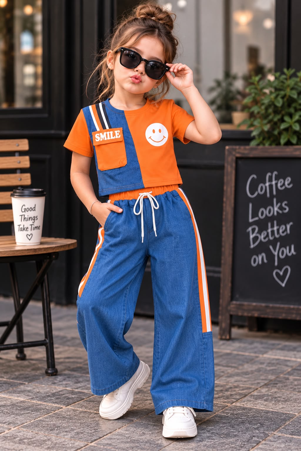 Girls Designer Orange Denim Co-Ord Set [GCS-5E-1472] (4-12Years)