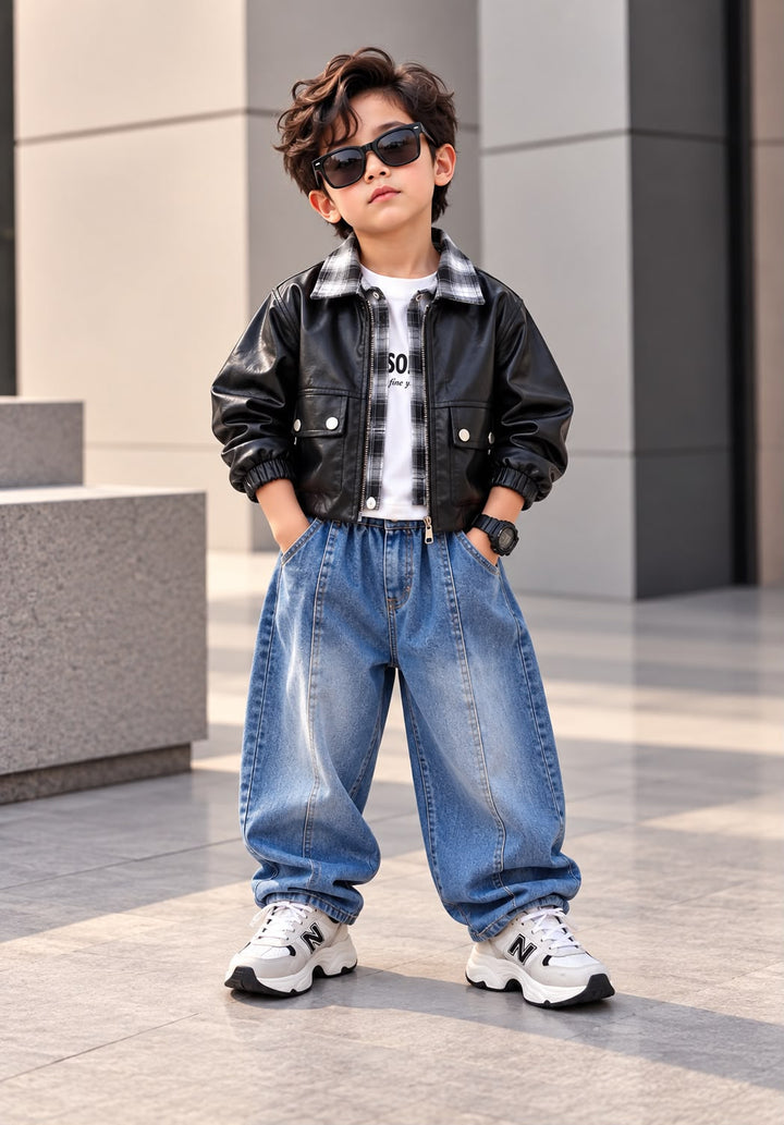 Boys 3 Piece Black Leather Cord Set [BT-P-1281] [2- 7 Years]