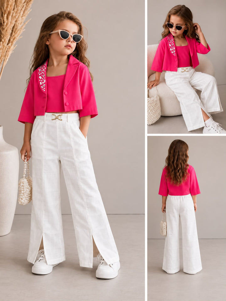 Girls 3 Piece Hot Pink Mirror Work Partywear Co-Ord Set [GCS-1G-6711] (4-12Years)