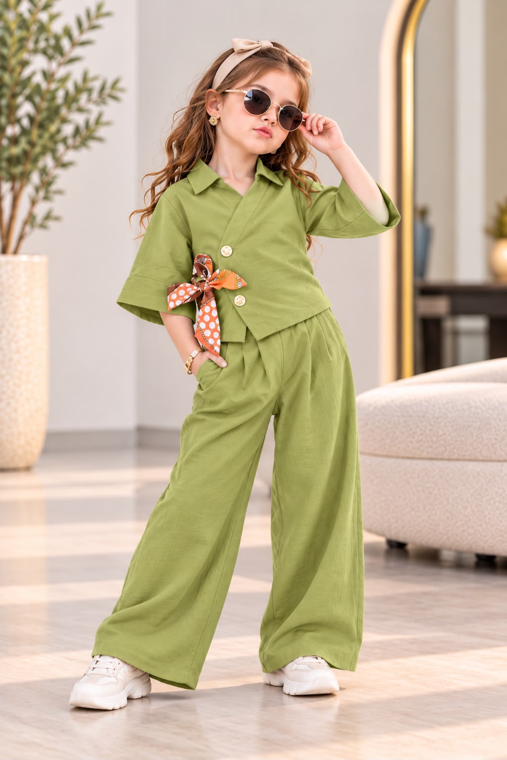 Girls Green Wrap Co-Ord Set [GCS-3D-6117] (4-12 Years)