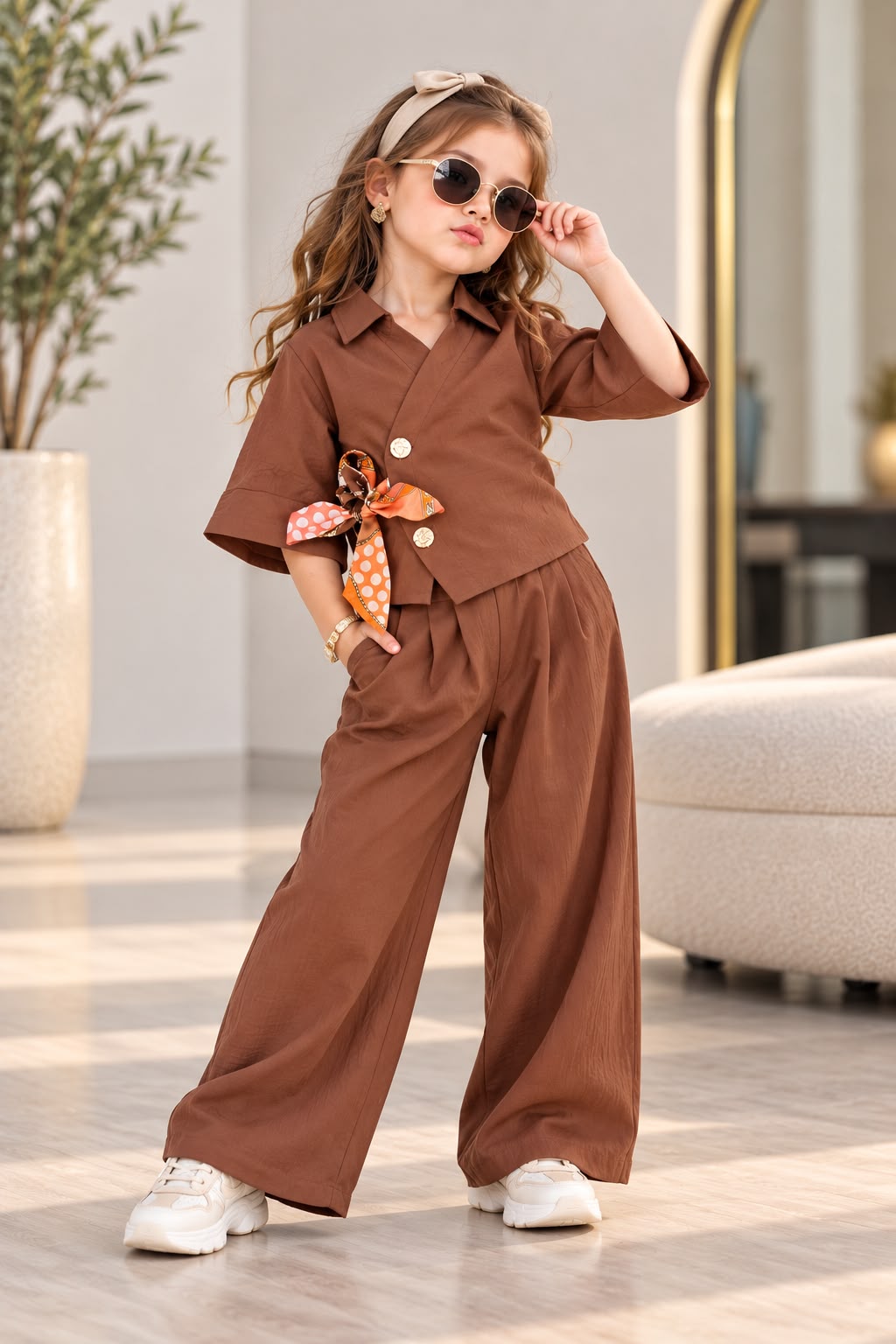 Girls Brown Wrap Co-Ord Set [GCS-2D-3621] (4-12 Years)