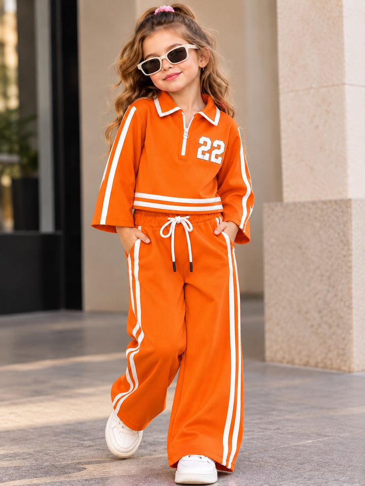 Girl's Stylish Orange Zipper Collar Co-Ord Set [GCS-6J-3587] (4-12 Years)