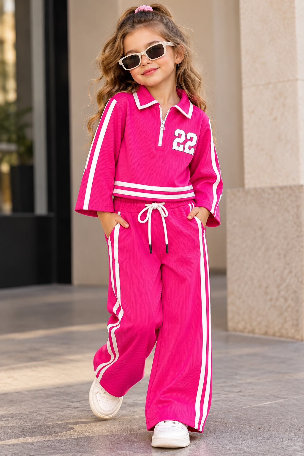 Girl's Stylish Hot Pink Zipper Collar Co-Ord Set [GCS-5J-9777] (4-12 Years)