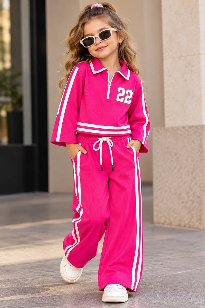 Girl's Stylish Hot Pink Zipper Collar Co-Ord Set [GCS-5J-9777] (4-12 Years)