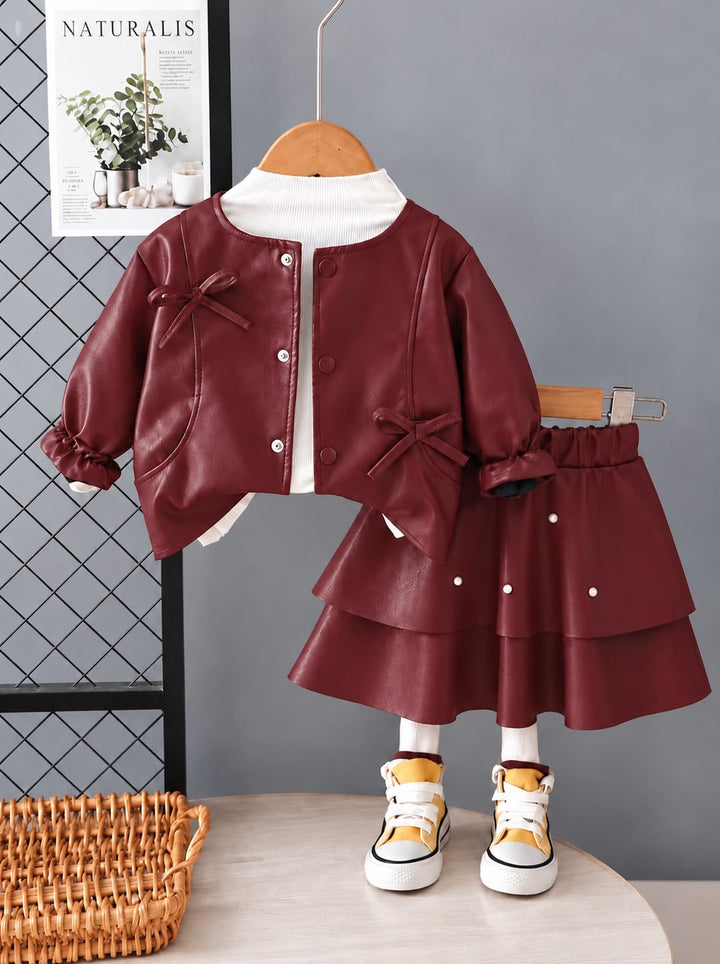 Girl's Imported 3 Piece Red Leather Co-Ord Set [GCS-2E-8736] [1- 6Years]