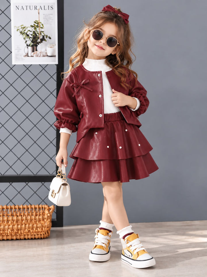 Girl's Imported 3 Piece Red Leather Co-Ord Set [GCS-2E-8736] [1- 6Years]