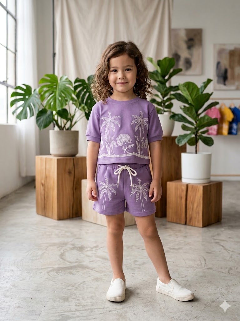 Girls Purple Printed Summer Shorts Co-Ord Set [GCS-2552] (4-12 Years)