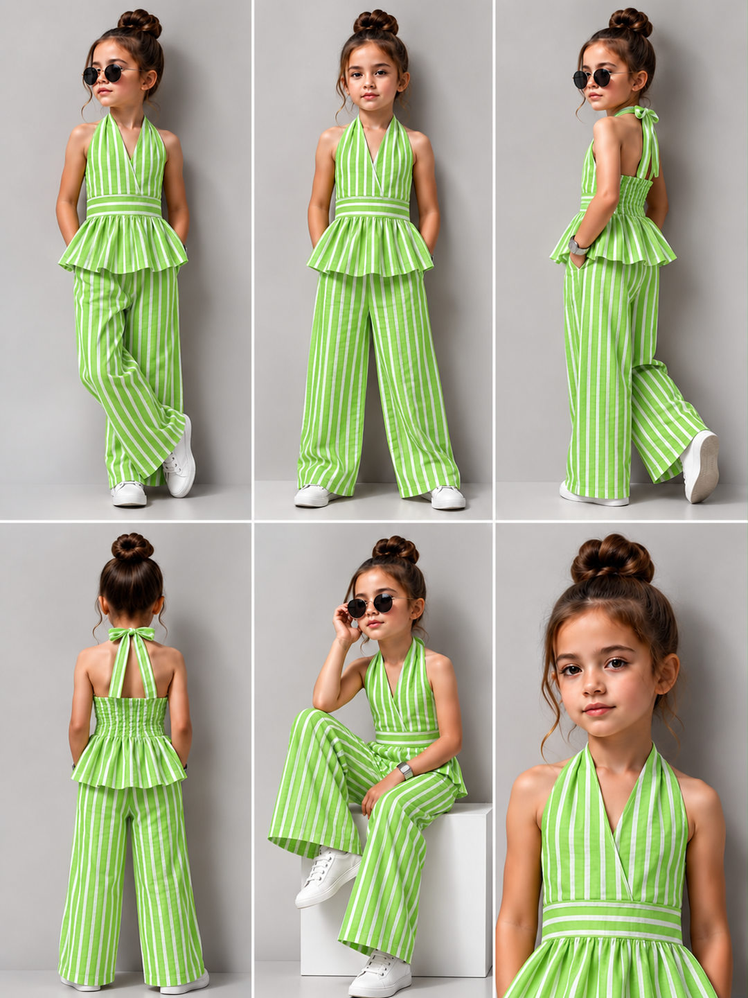 Girls Striped Backless Green Co-Ord Set [GCS-3A-1114] (4-12 Years)