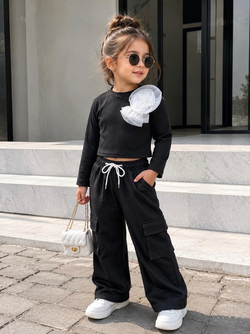 Girls Casual Flower Black Co-Ord Set [GCS-2545] 4-12 Years)
