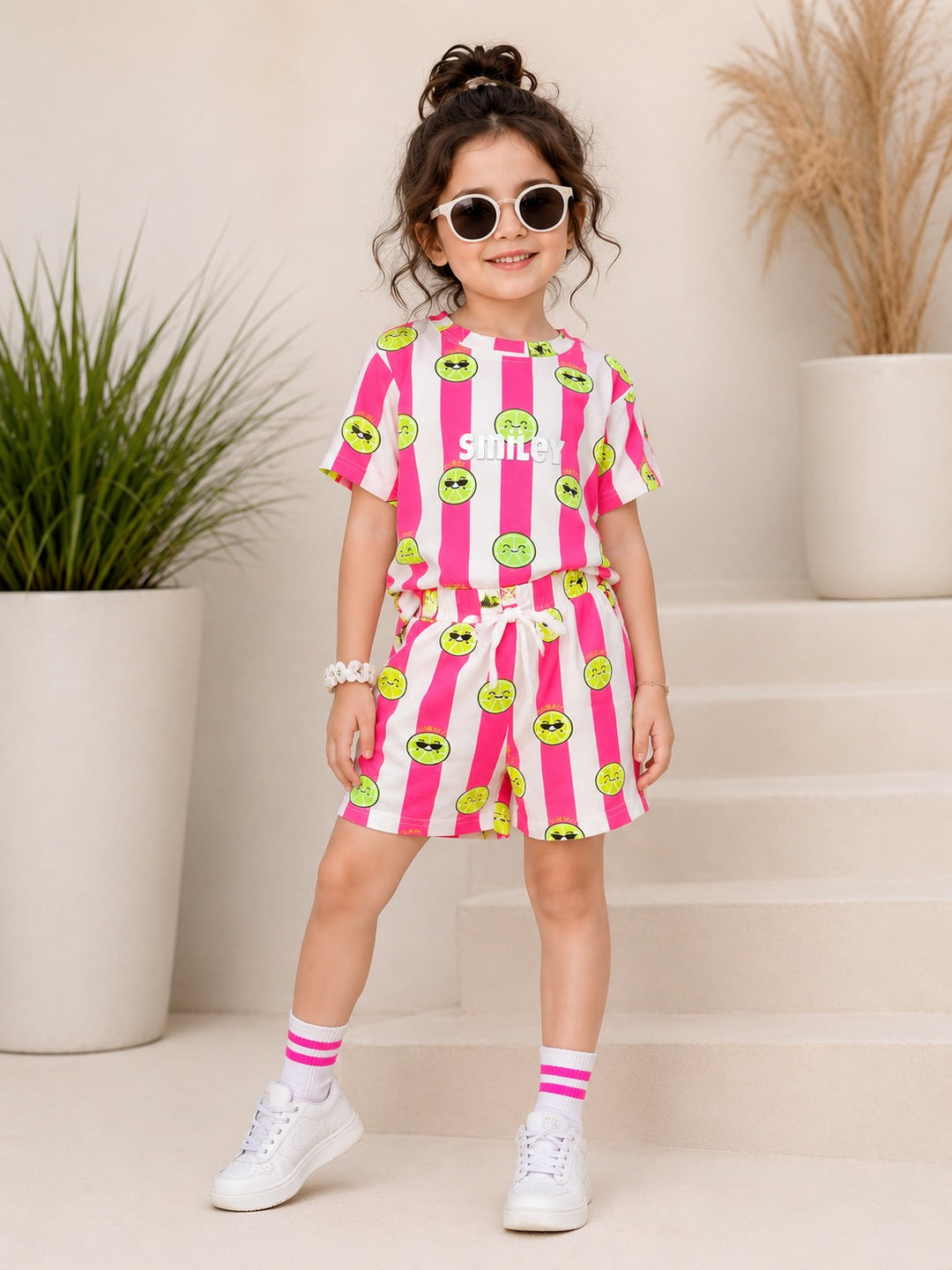 Girls Smiley Stripped Hot Pink Co-Ord Set [GCS-5612] (4-12 Years)