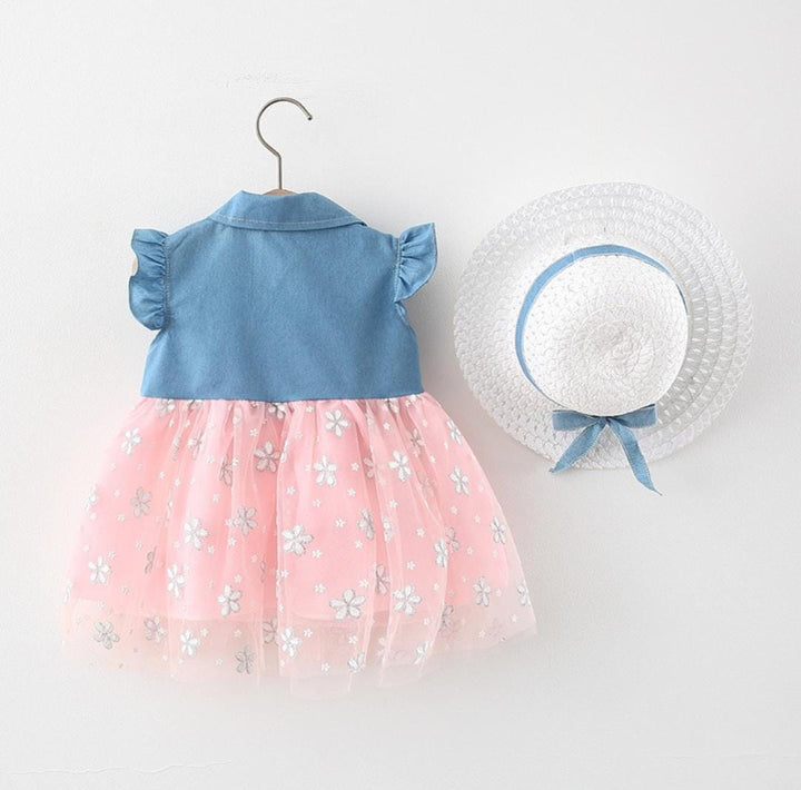 Girls Pink Denim Frock With Hat [GF-6364] (6M - 3 Years)