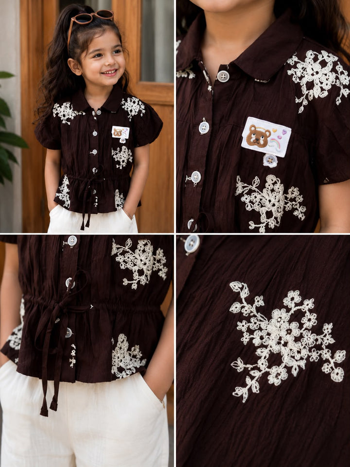Girls Brown Embroidered Co-Ord Set [2H-2222] (4-12 Years)