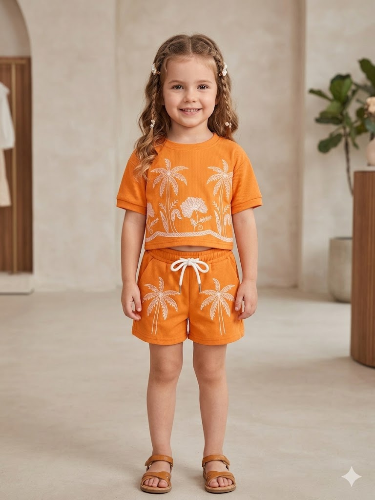 Girls Orange Printed Summer Shorts Co-Ord Set [GCS-6541] (4-12 Years)