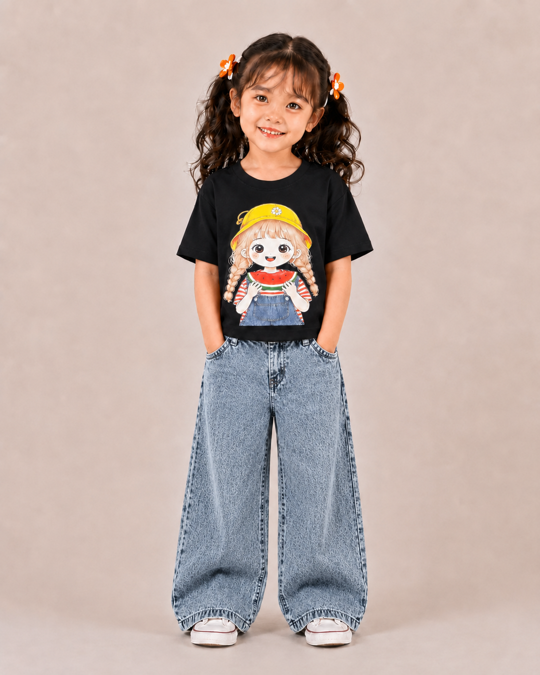 Girls Oversized Black Cartoon Tee & Denim Jeans Co-Ord Set [GCS-3J-2932] (3-11 Years)