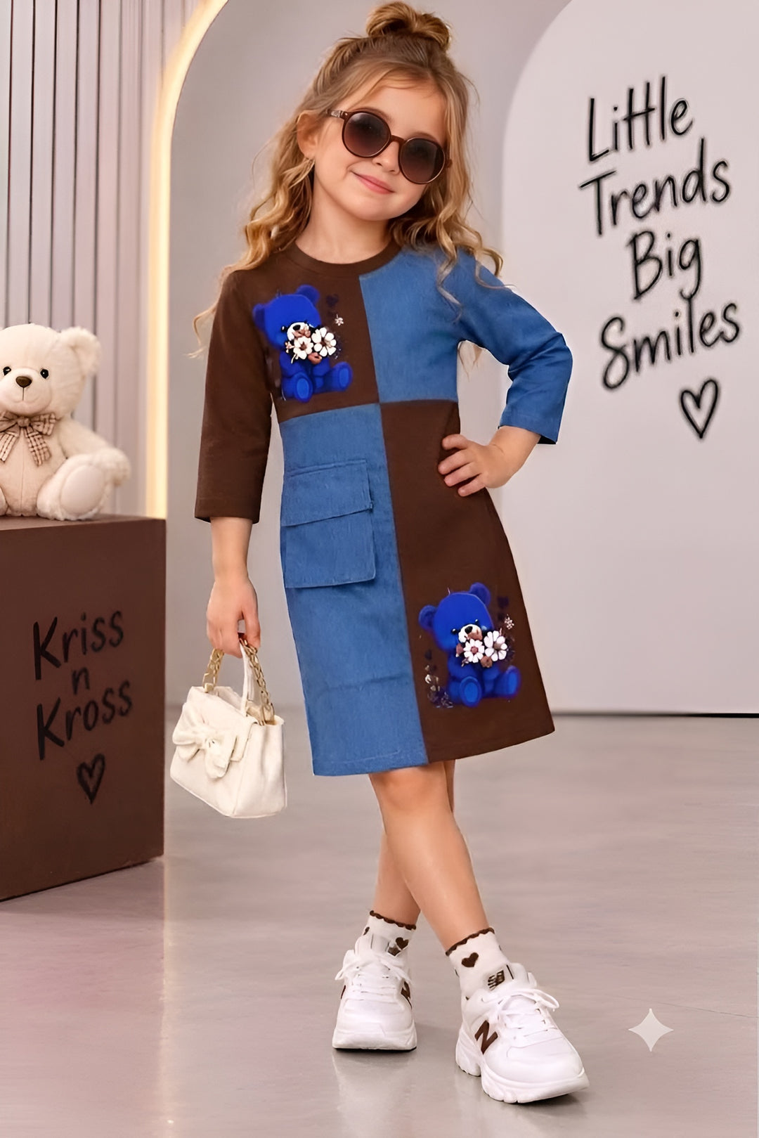 Girls Bloom Bear Colorblock Brown Denim Dress [GD-4D-1155] (4-12 Years)