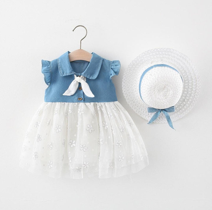 Girls White Denim Frock With Hat [GF-6363] (6M - 3 Years)