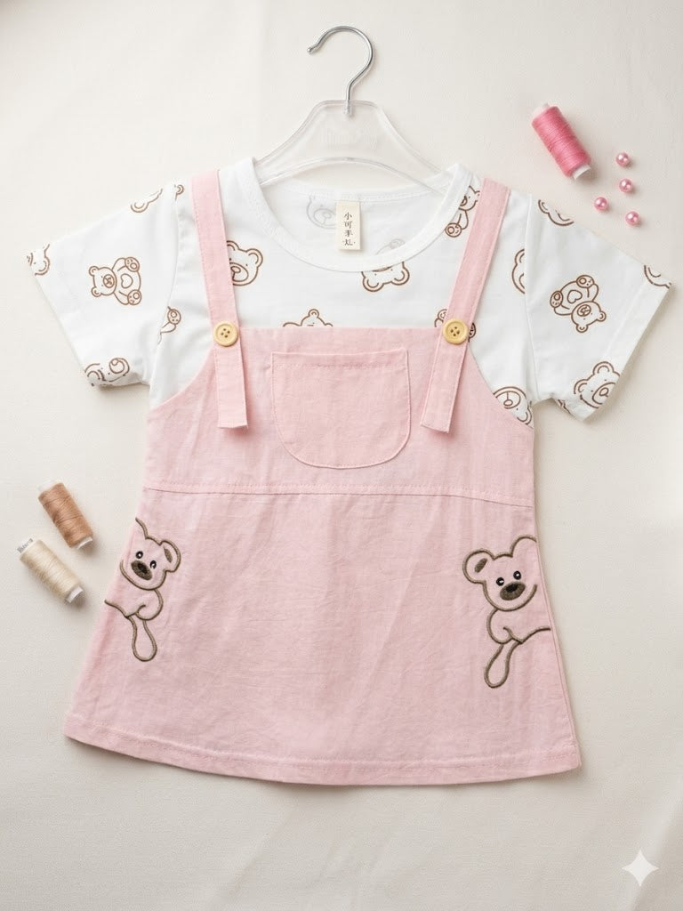 Girls Summer Pink Teddy Cotton Frock [GF-3894] (6M - 3 Years)