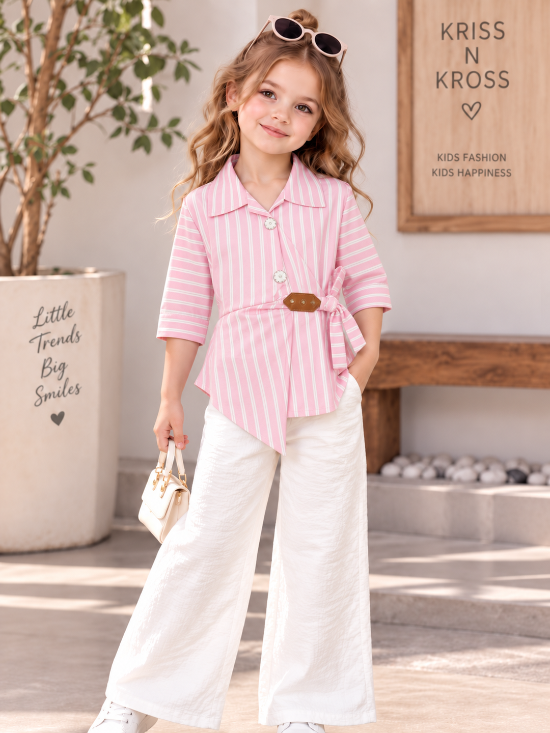 Girls Baby Pink Stripe Wrap Co-Ord Set [GCS-3D-9982] (4-12Years)