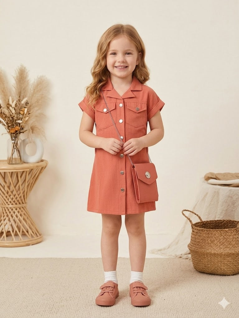 Girls Rust Shirt Dress With Purse [GD-3444] (4-12 Years)
