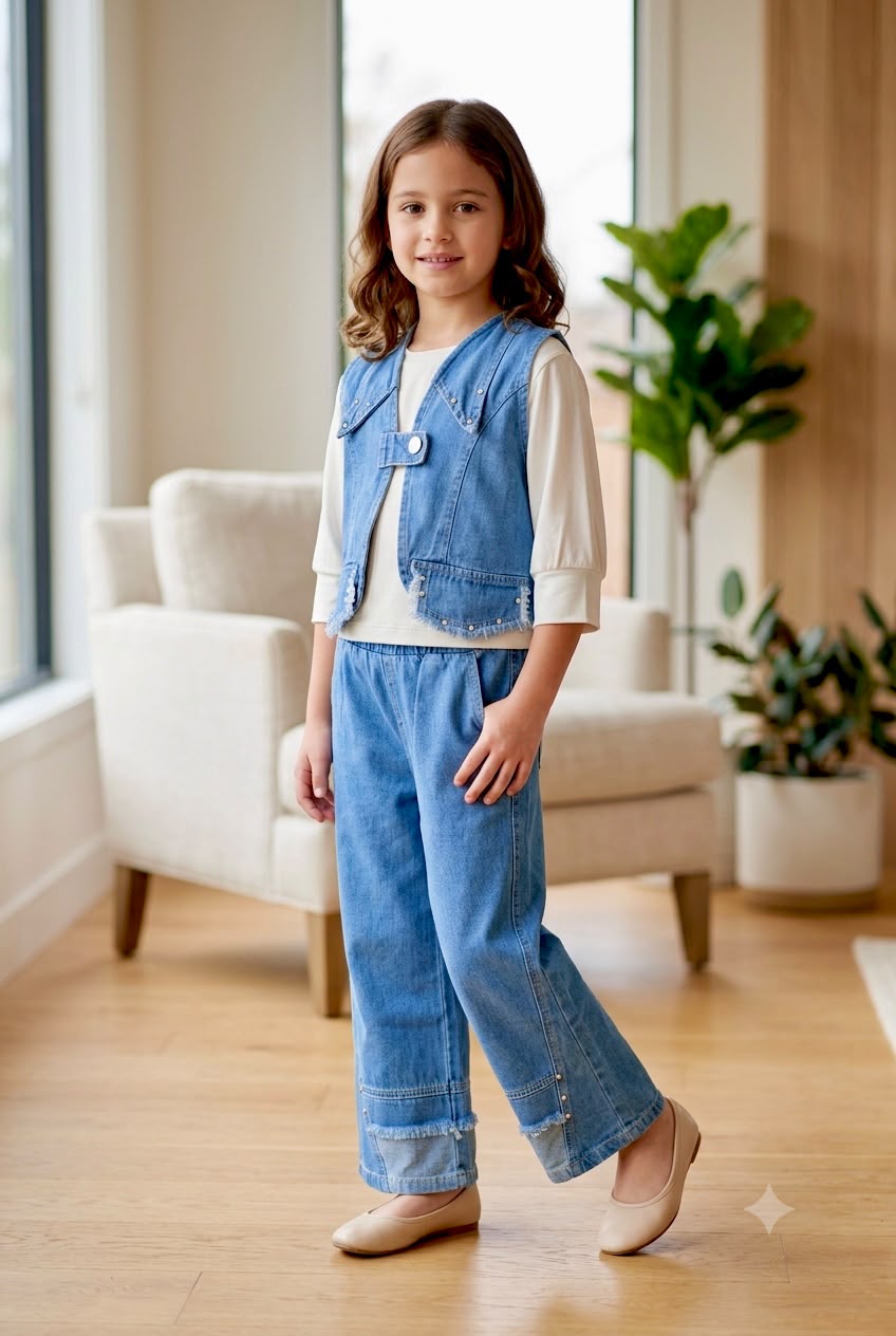 Girls Designer 3 Piece White Denim Co-Ord Set [GCS-2A-4113] (4-12Years)