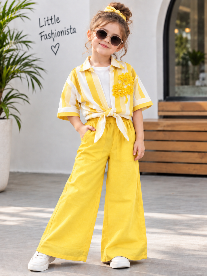Girls 3 Piece Yellow Stripe Luxe Co-Ord Set [GCS-4C-4441] (4-12 Years)