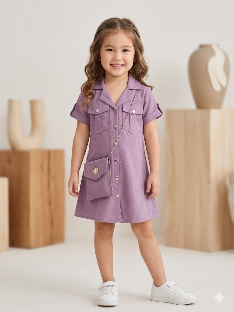 Girls Lavender Shirt Dress With Purse [GD-2459] (4-12 Years)