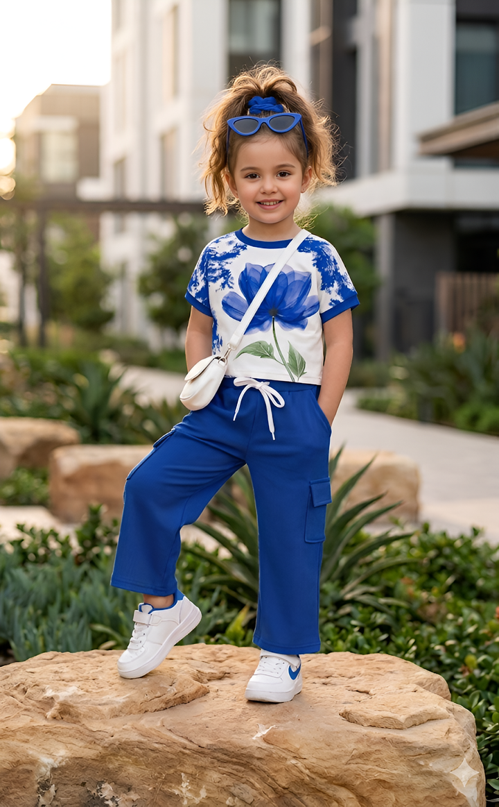 Girl's Royal Blue Flower Printed Co-Ord Set (Without Purse) [GCS-7028] (4-12 Years)