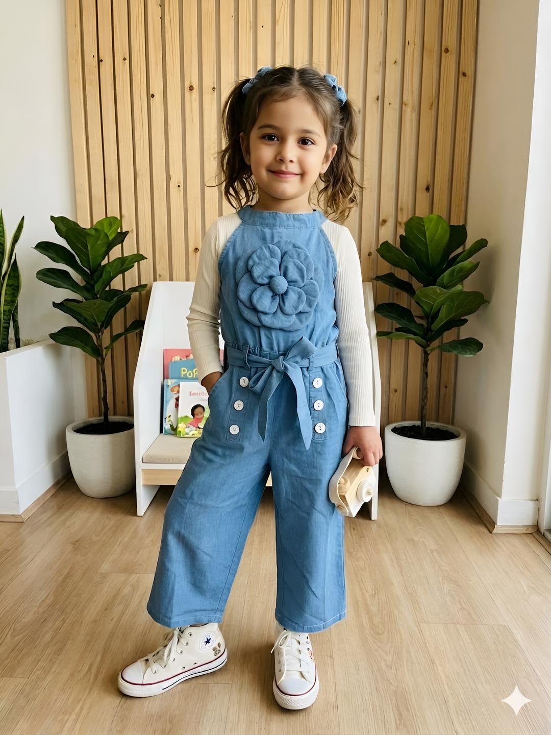 Girls Soft Cotton Denim Flower Ice Blue Jumpsuit With T-shirt [GD-6122] (2-10 Years)
