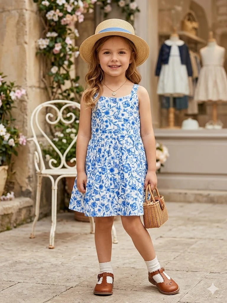 Girls Printed Blue Cotton Dress (Without Hat) [GD-2597] (2-7Years)