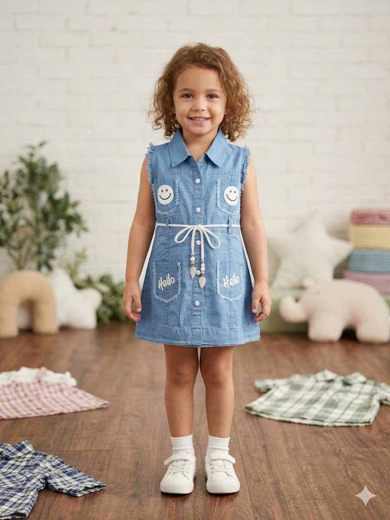 Girls Smiley White Denim Dress [GD-7281](4-12 Years)