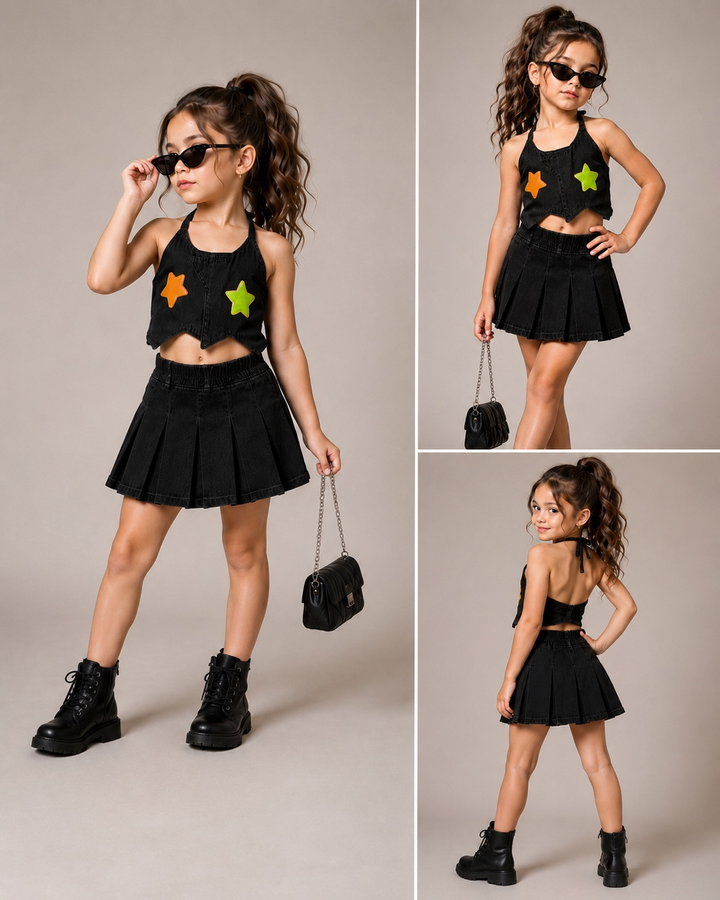 Girl's Black Designer Halter Neck Co-Ord Set  [GCS-4G-6561] (3-11Years)