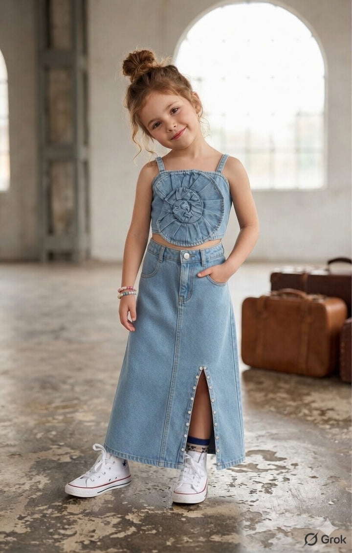 Girl's Light Denim Flower Co-Ord Set [GCS-7700](4-12 Years)