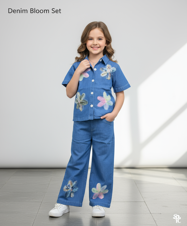 Girl's Denim Medium Blue Bloom Co-Ord Set [GCS-6735] (4-12 Years)