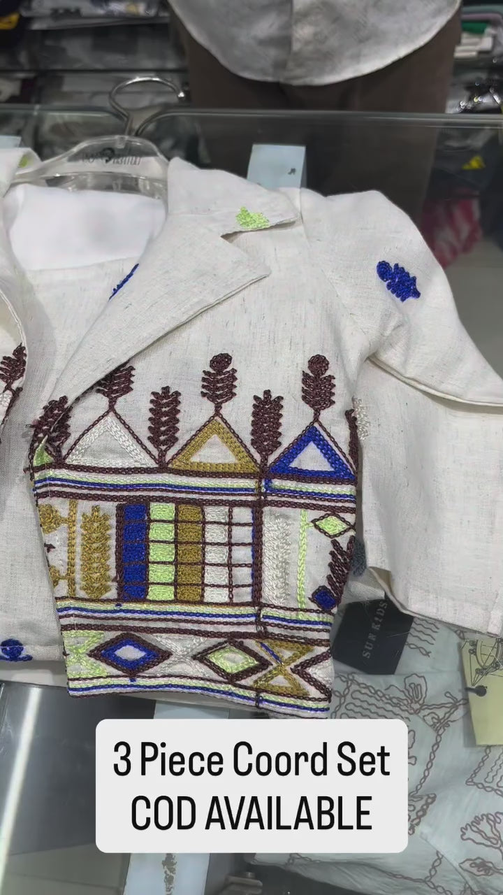 Girl's Embroidered 3 Piece Khadi Cotton Co-Ord Set [GCS-4852] (4-12 Years)