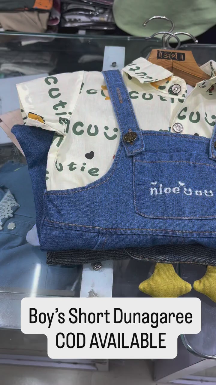 Boys Green Typographic Printed Short Sleeves Shirt With Dungaree [BT-223] (1 - 6 Years)