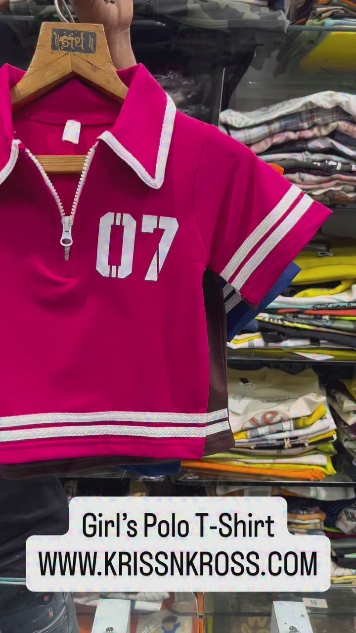 Girls Brown Varsity Zip Polo T-Shirt [ONLY T-SHIRT] [GT-R-0552] [4-12 year]