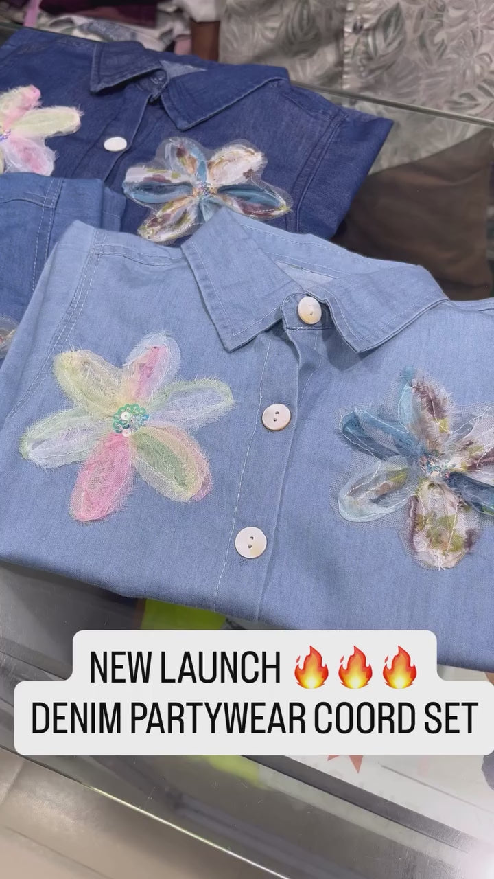 Girl's Denim Medium Blue Bloom Co-Ord Set [GCS-6735] (4-12 Years)