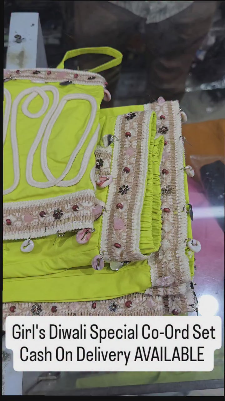 Girl's Sleeve Less Designer Green Co-Ord Set [GCS-6589] (4-12 Years)