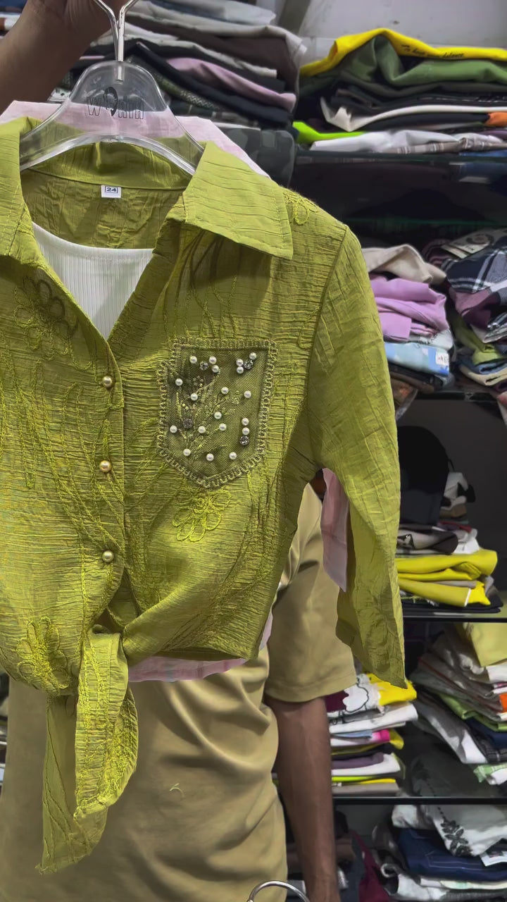 Girls Green Bloom Pearl Tie-Knot Shirt With Inner [ONLY TOP] [GT-5K-4511] [4-12 year]