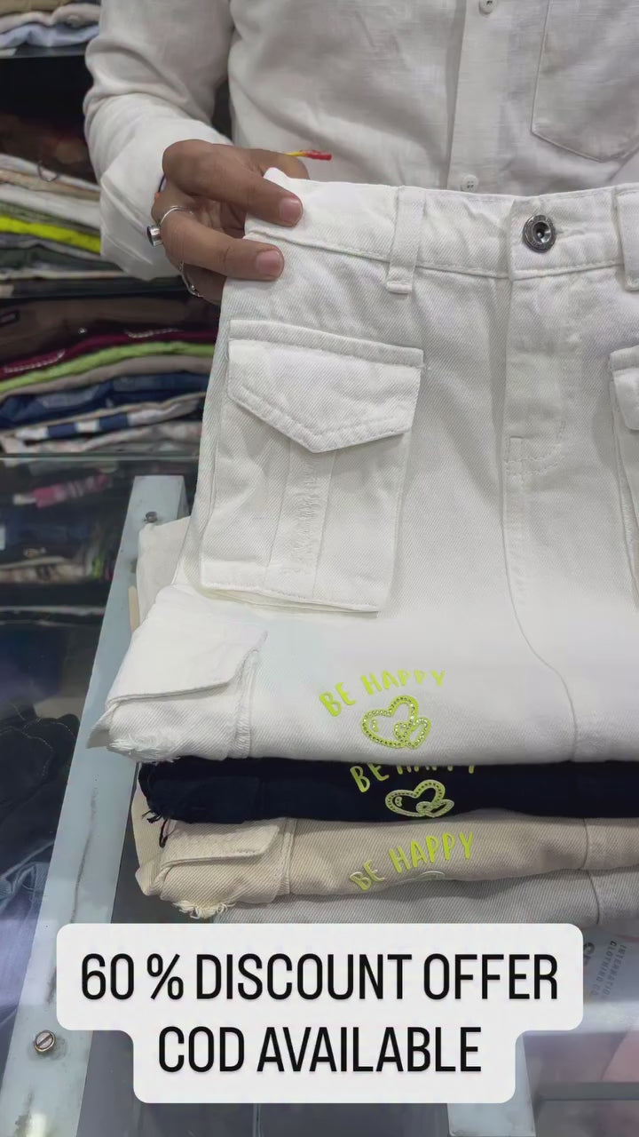 Girls White Utility Cargo Denim Skirt [GS-3D-9740] [4Y-12Years]