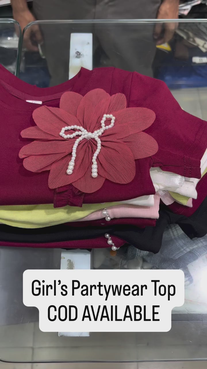 Girls White Bow with Pearl Trim Top [GT-124]  (3-8 Years)