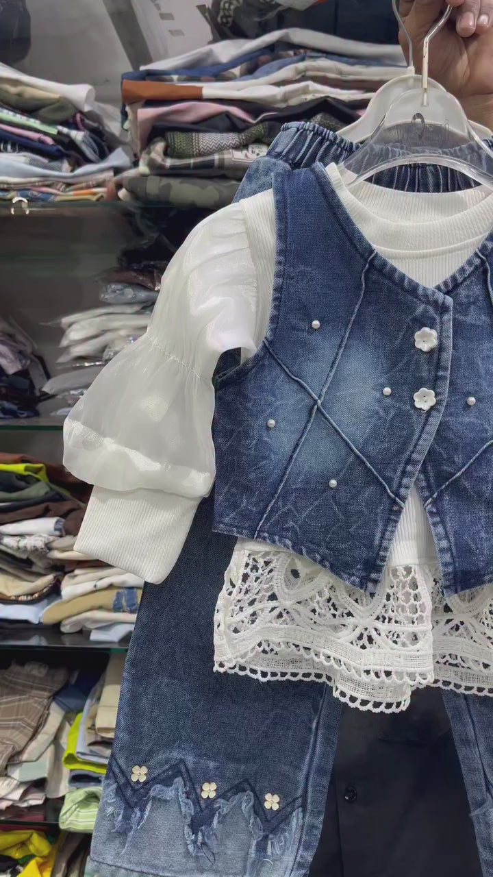 Girls Pearl Bloom 3 Piece Denim Charcoal Co-Ord Set [GCS-2F-6504] (4-12Years)