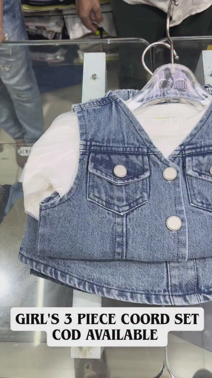 Girl's Denim Dark Blue 3 Piece Co-Ord Set [GCS-6197] (4-12 Years)