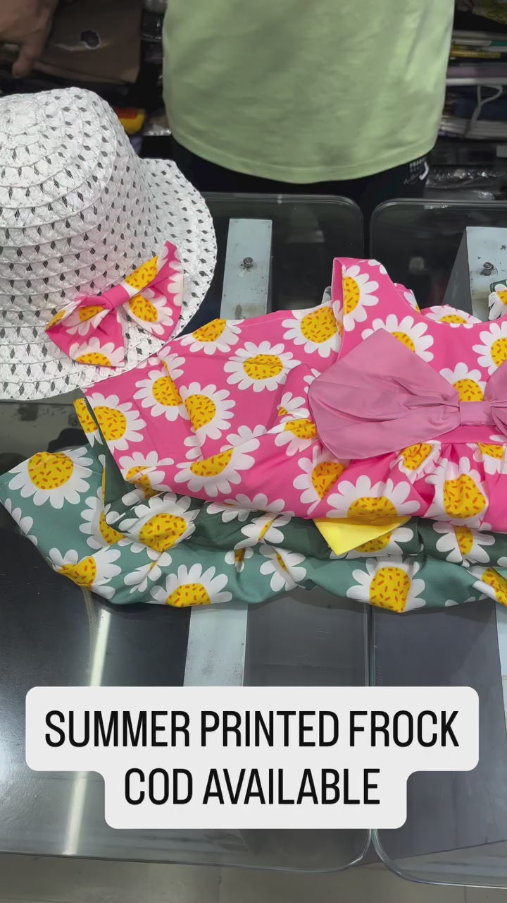 Girls Green Summer Printed Frock With Hat [GF-6361] (3 Months - 3 Years)
