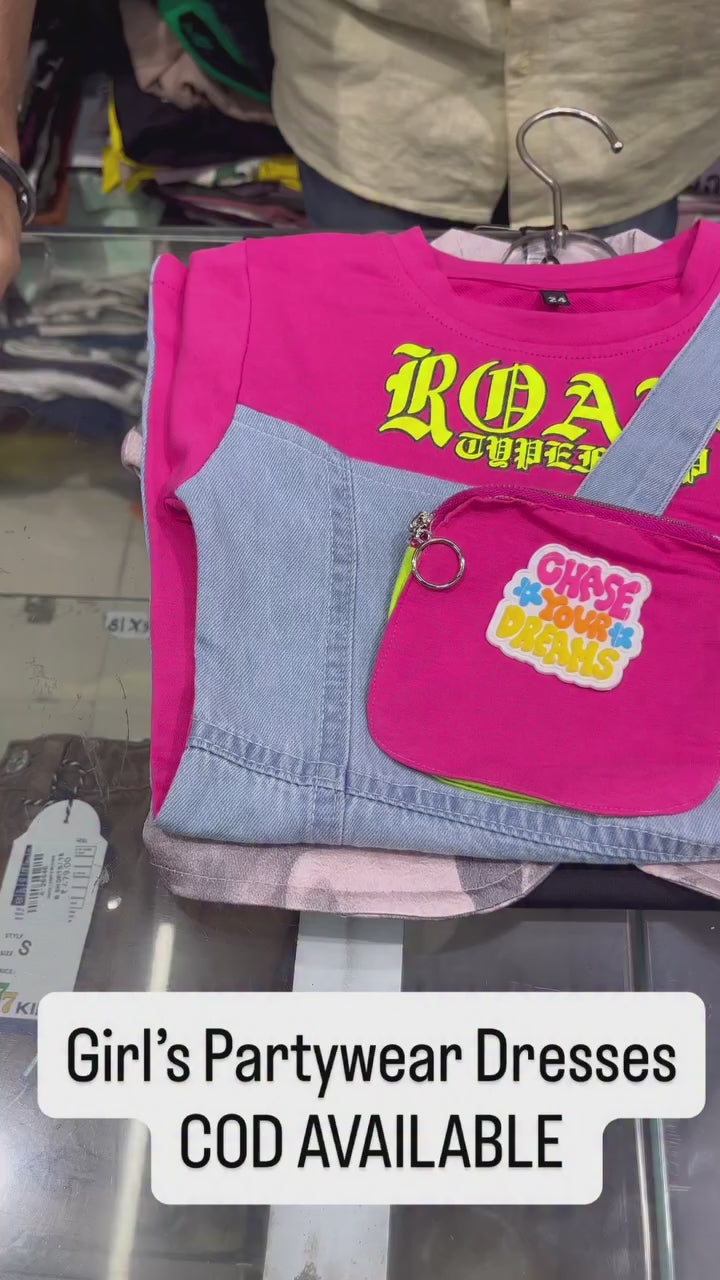 Girls Hot Pink Denim Dress [GD-6284] (4-12 Years)