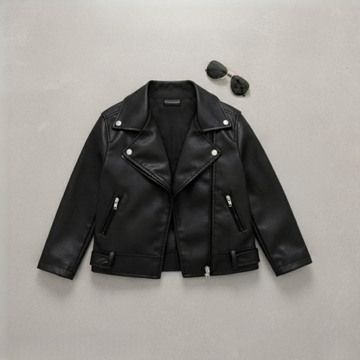 Unisex Black PU Leather Jacket with Cuban Collar, Zip Up Autumn/Winter Coat with Pockets [BT-166] [3 - 11Years]