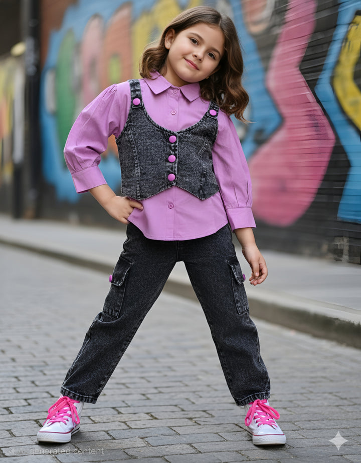 Girl's 3 Piece Lavender Denim Co-Ord Set [GCS-6611] (4-12 Years)