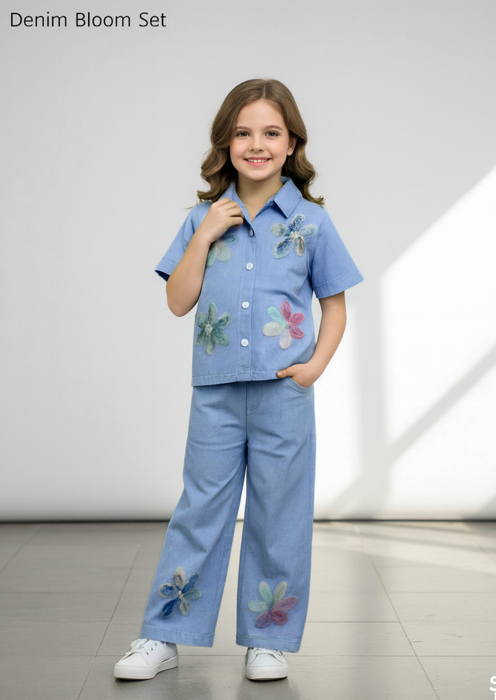 Girl's Denim Light Blue Bloom Co-Ord Set [GCS-6737] (4-12 Years)